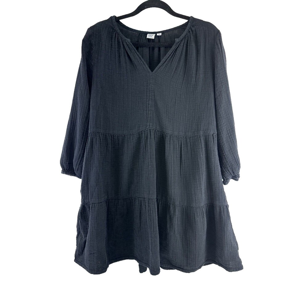 Gap Gauze Mini Dress Long Sleeveβ Tiered Black Zen V-Neck Flowy Peasant Large